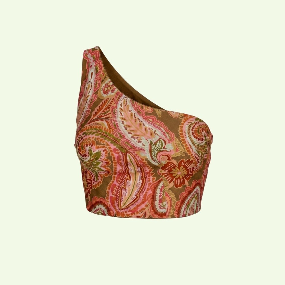 Baiia One Shoulder Reversible Bikini Top 10 Brown Paisley Sustainable Boho